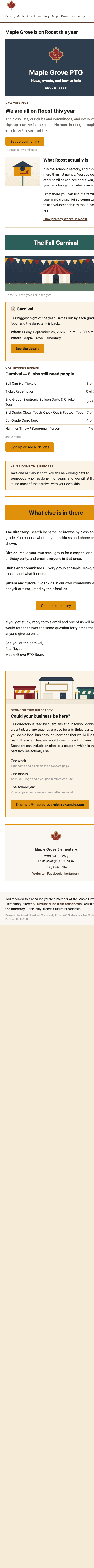 The same newsletter at phone width, stacked to a single column