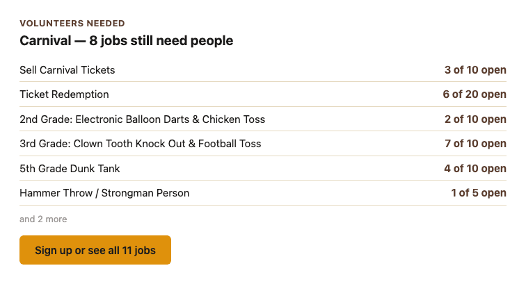A volunteer section listing six carnival jobs, each with the number of spots still open beside it, followed by a line reading and 2 more
