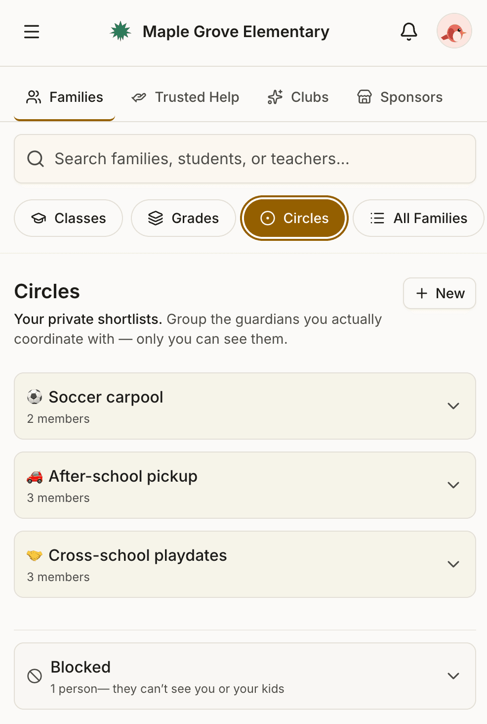 A Circle in Roost called After-school pickup. Three members: Anna Carter with email, phone, and text icons; Ben Liu with a Private chip reading Contact info not shared; Marcus Patel with an email icon only.
