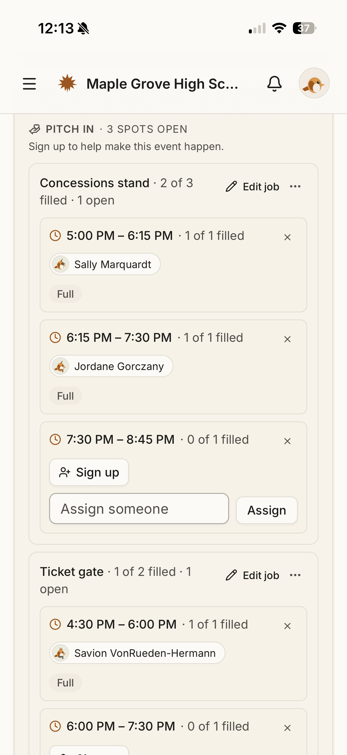 An event shift sign-up in Roost. The Concessions stand job (2 of 3 filled) is split into time-slots — two filled by volunteers, one still open with a Sign up button. Below it the Ticket gate job (1 of 2 filled) shows one filled slot and one open.