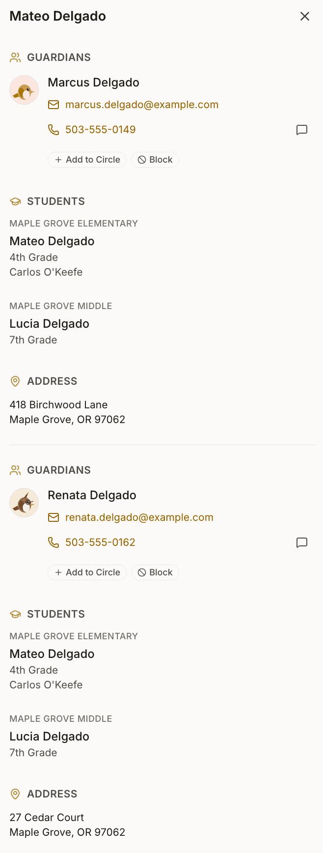 The Delgado family detail sheet in Roost, showing a split household across two addresses. The first household lists guardian Marcus Delgado (with email and phone) and the two children — Mateo Delgado (4th grade, Maple Grove Elementary) and Lucia Delgado (7th grade, Maple Grove Middle) — at 418 Birchwood Lane, Maple Grove, OR. A divider, then a second household lists the other guardian, Renata Delgado (with her own email and phone), the same two children, at a separate address: 27 Cedar Court, Maple Grove, OR. Each guardian has Add to Circle and Block controls.
